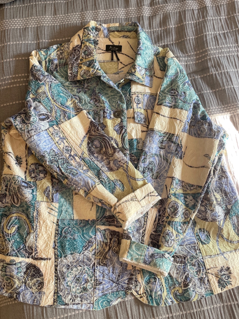 Analog Paisley Patchwork Blazer in Teal, Cream, and Light Blue